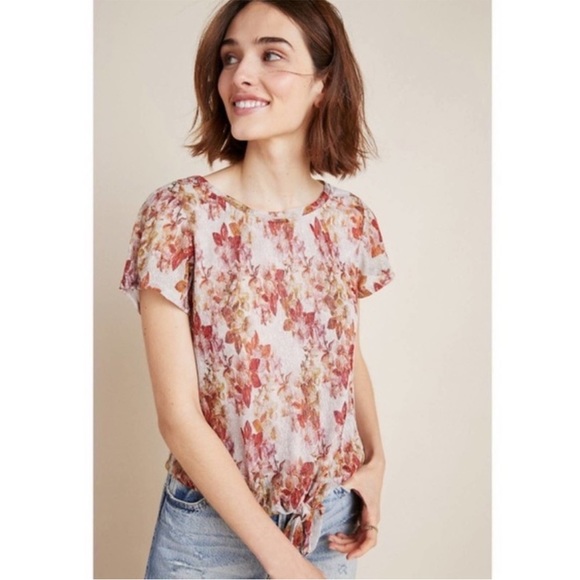 Anthropologie Tops - Shiny floral tie front Top